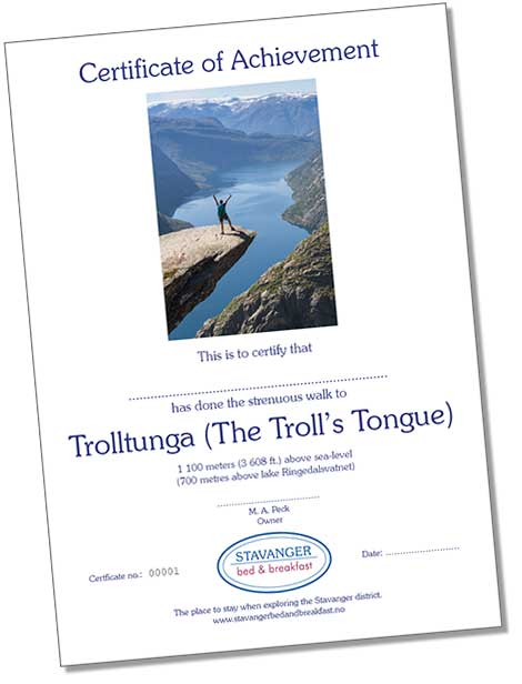 Trolltunga Norway Certificate of Achievement